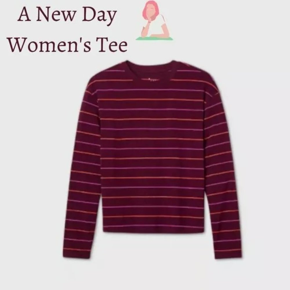 A New Day Women's Size XS Soft Burgundy Striped Long Sleeve T Shirt NWT